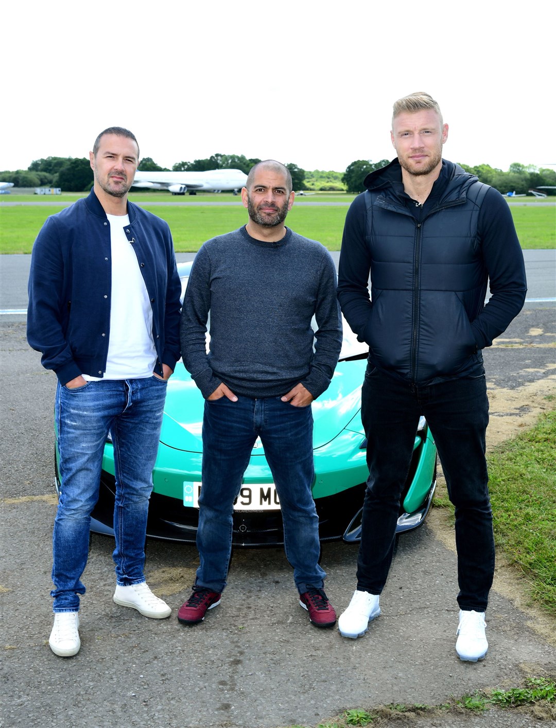 Paddy McGuinness, Chris Harris and Freddie Flintoff with a McLaren 600LT on the Top Gear test track in Dunsfold Park during a Top Gear media launch (Ian West/PA)