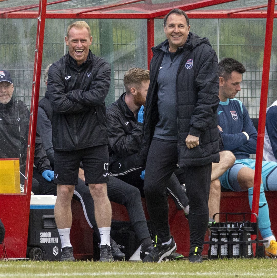 Picture - Ken Macpherson. Pre-season Friendly. Brora Rangers(1) v Ross County(4). 06.07.22. Ross County manager Malky Mackay in happy form along with coach Carl Tremarco.