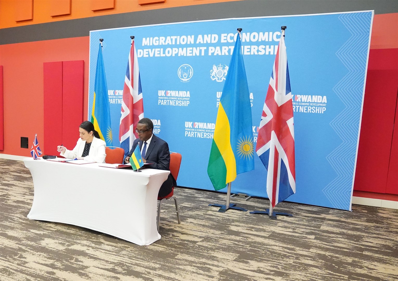Home Secretary Priti Patel and Rwandan minister for foreign affairs and international co-pperation, Vincent Biruta, signed a “world-first” migration and economic development partnership (Flora Thompson/PA)