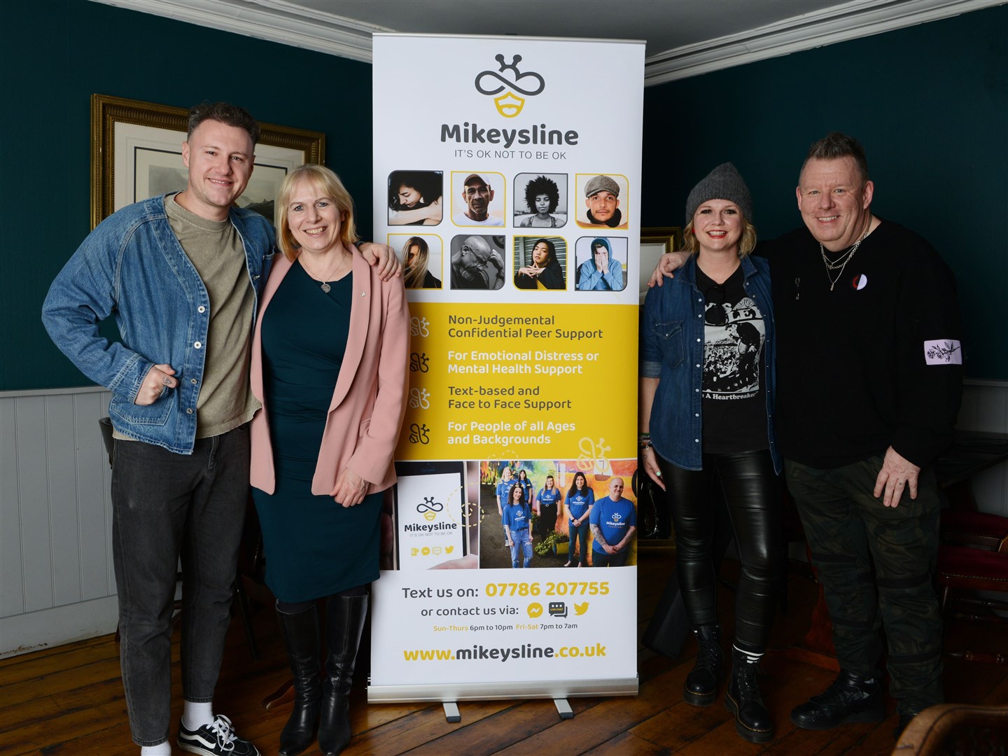 Mikeysline ambassadors Callum Beattie and Dave Rogers pictured alongside Mikeysline CEO Emily Stokes and Bee the Change manager, Allana Stables. Picture by Wonder Years Portrait Photography.
