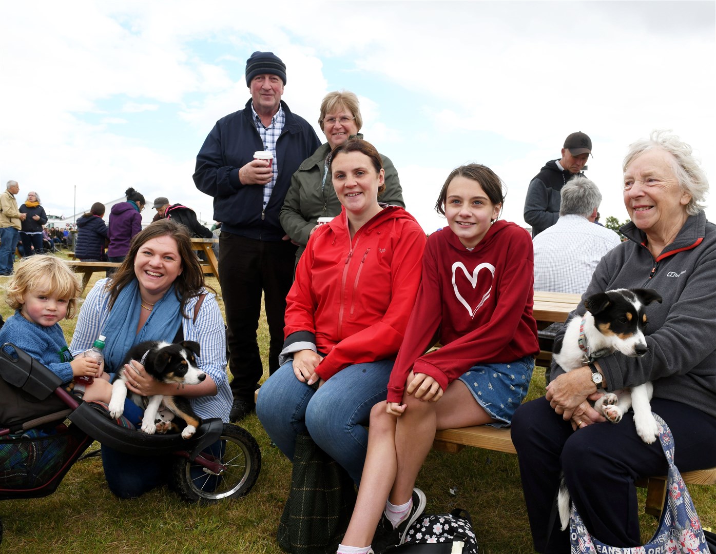 Seonaidh and Rebecca Murdoch, Dram the border collie, Norman and Janet Murdoch, Joanne and Kayla Gallimore, Betty Draper and Dot the border collie. Picture: James Mackenzie.