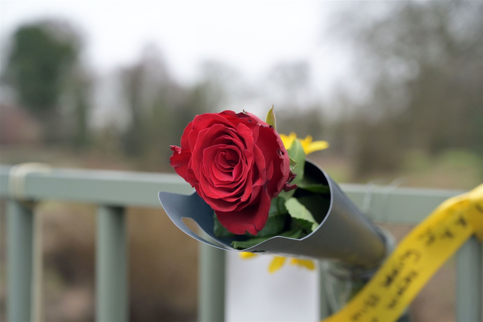 Flowers, and ribbons on a bridge in St Michael’s on Wyre after the body of Nicola Bulley was found (Dave Nelson/PA)