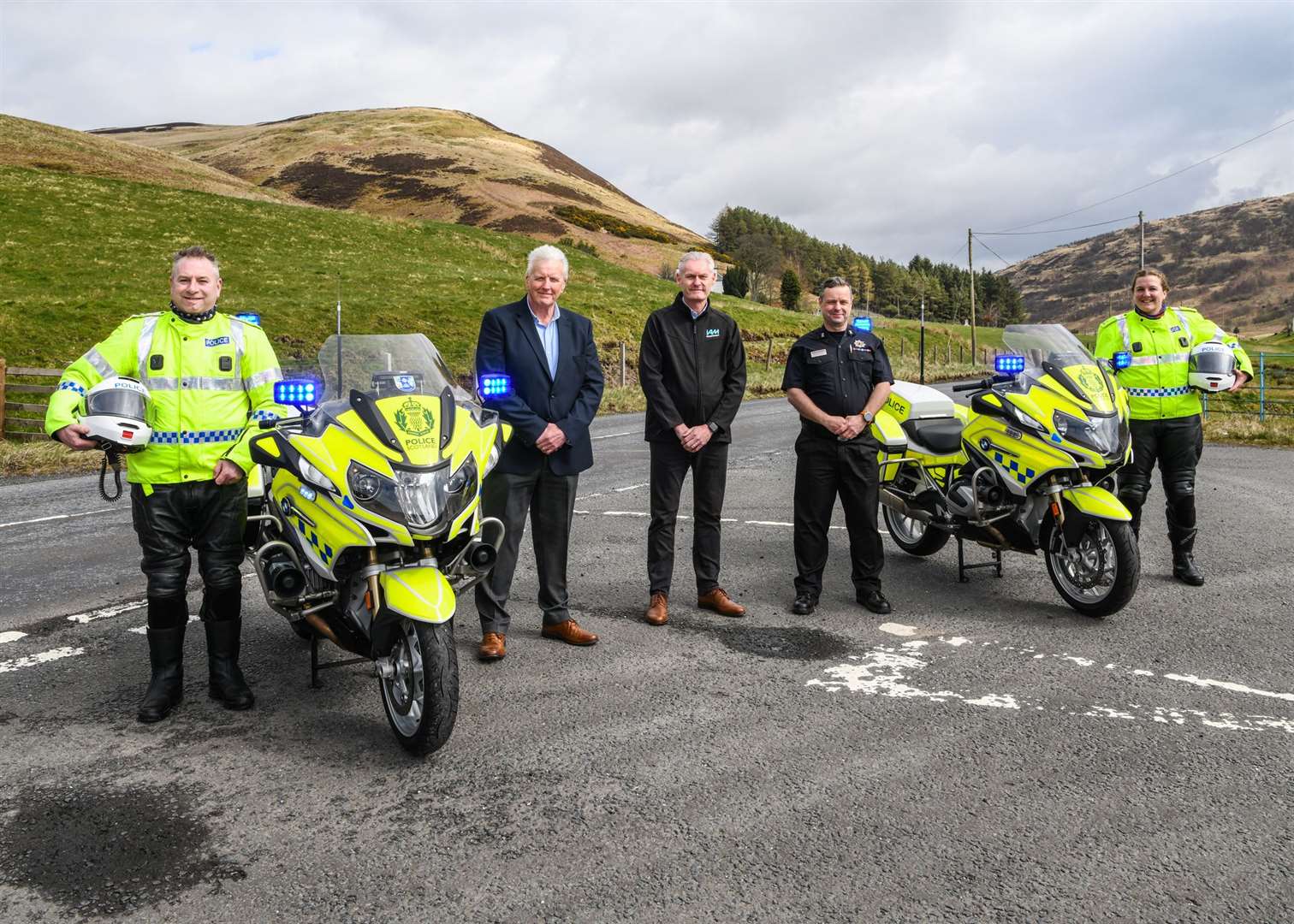 Inspector Greg Burns, Michael McDonnell (Road Safety Scotland), Neil Greig (Institute of Advanced Motorists), Matthew McLay (Scottish Fire and Rescue), PC Nicola Ross Advanced Motorcycle Instructor (Scottish Police College).