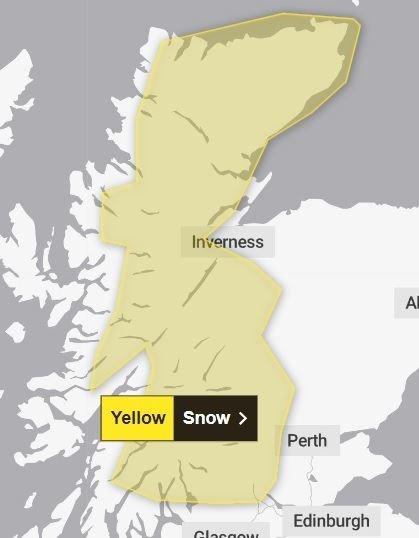 The area covered by Friday's yellow warning for snow. Picture: Met Office.