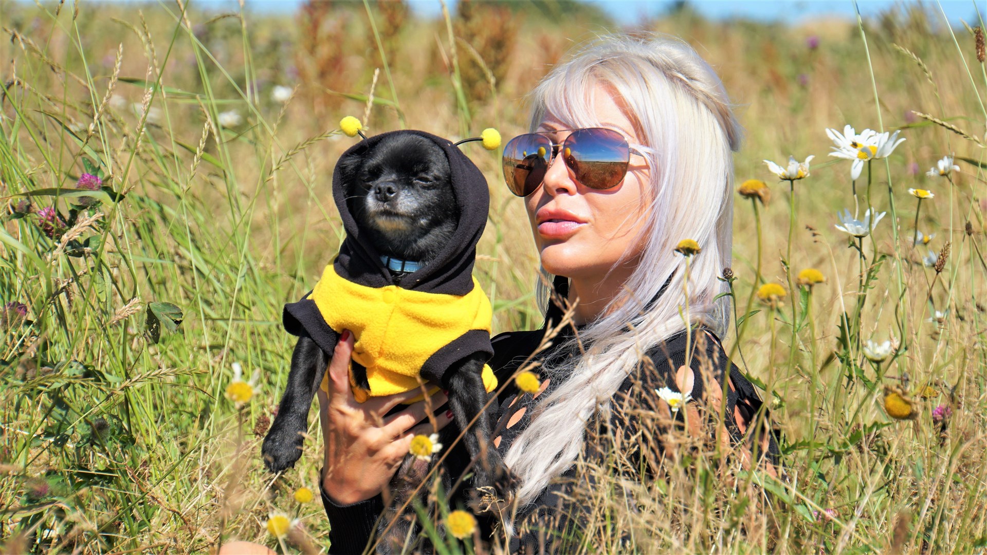 Natalie with her faithful companion Louis Vuitton the chihuahua dressed as a bumblebee. Pictures: DGS