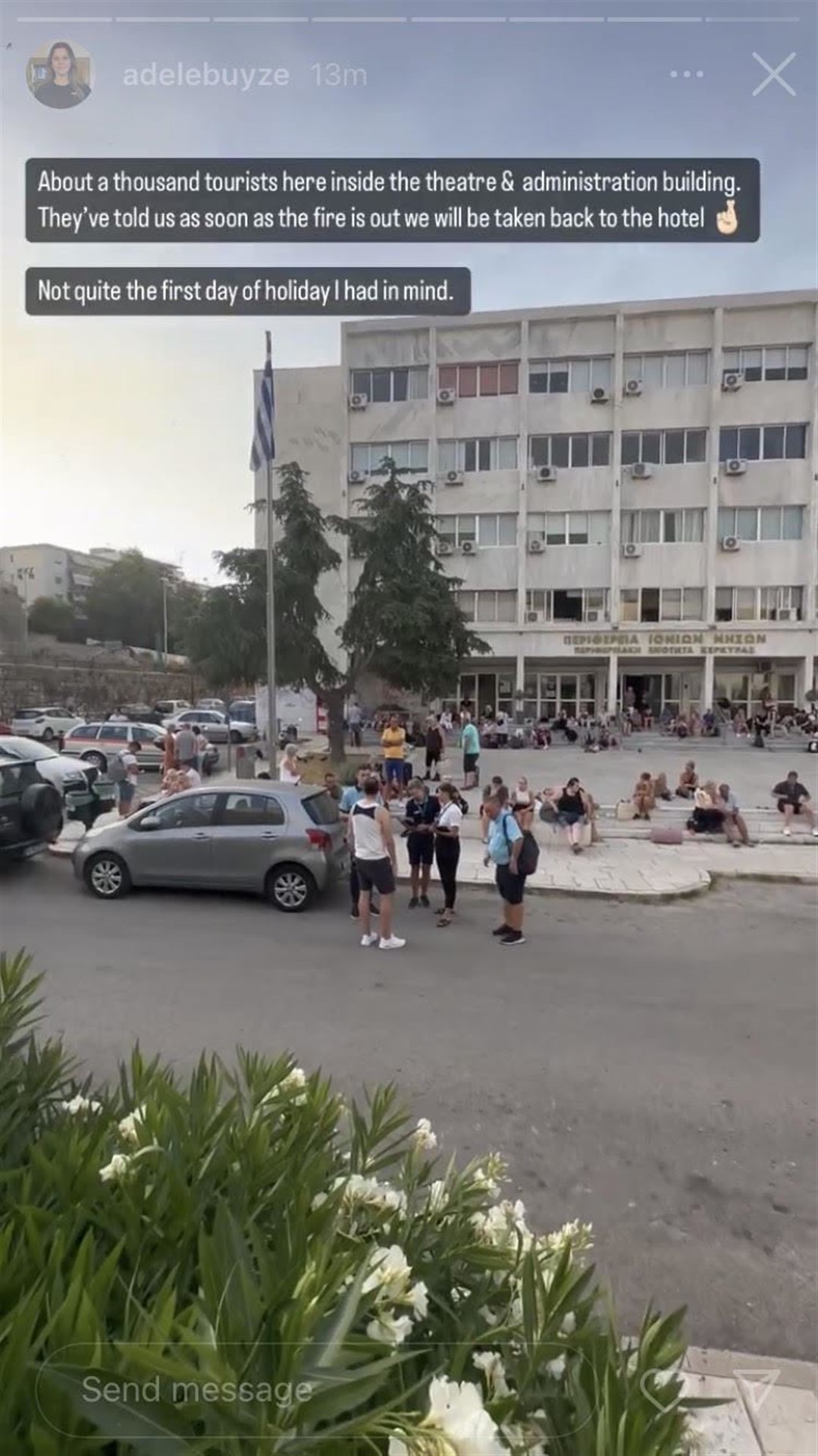 Scenes from the Corfu theatre where evacuated visitors and residents congregated. Instagram post by Adele Buyze.
