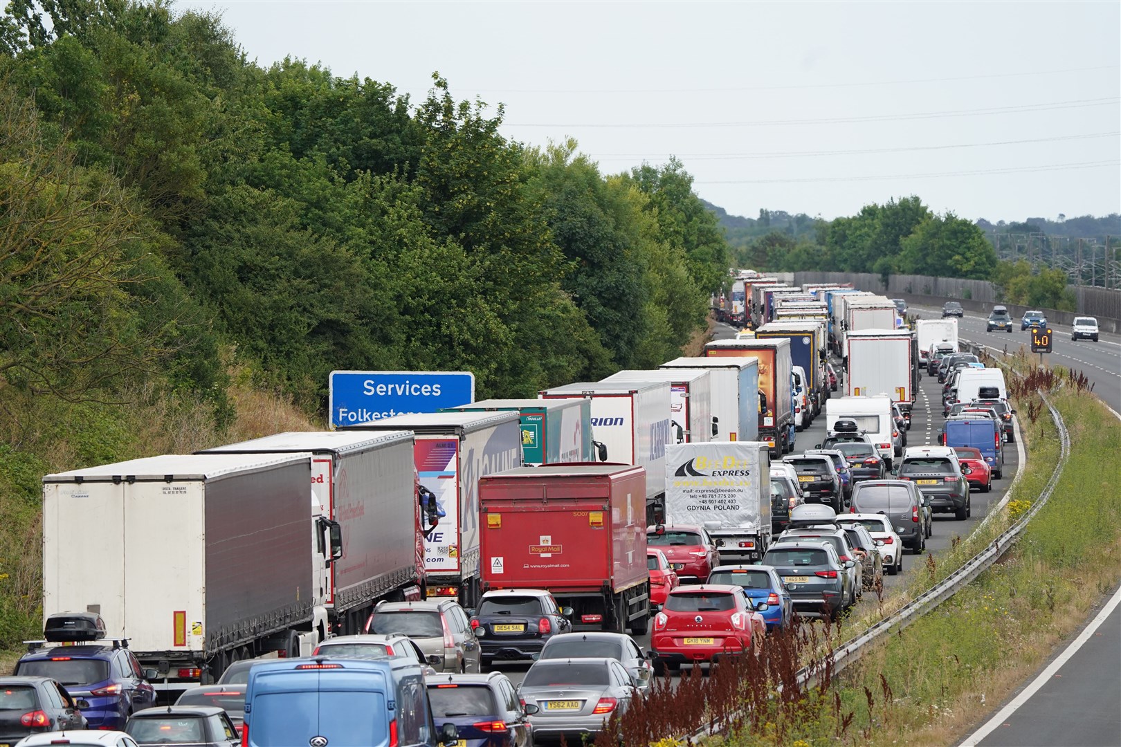 Traffic queuing on the M20 near Folkestone in Kent on Friday (PA)