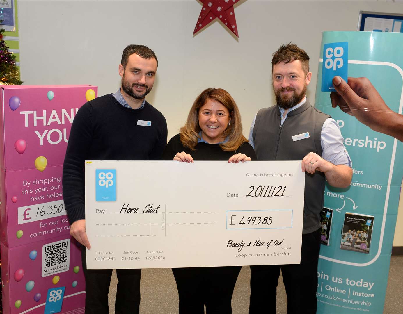 Co-op's Neil Cameron, Lorna Millard and Neil Morrison with a donation of £49983.85 on behalf of Home Start. Picture Gary Anthony
