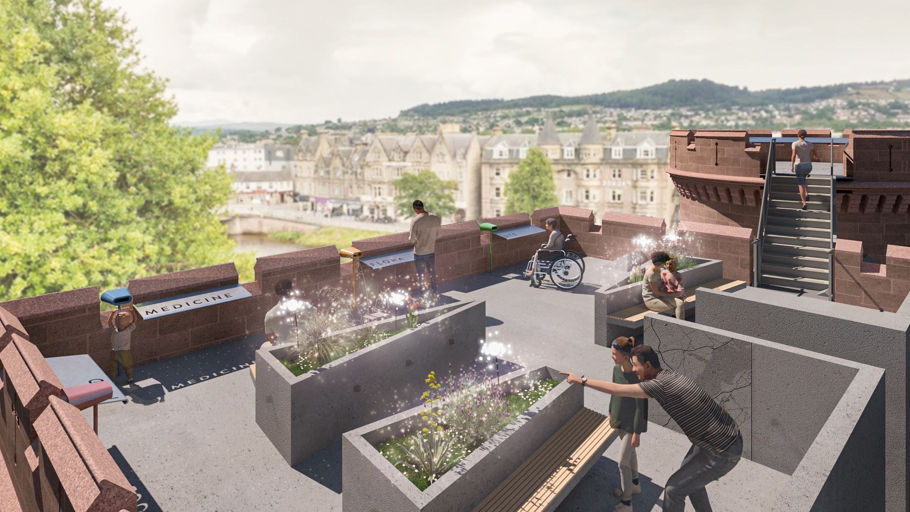 The roof terrace offers new ways of looking across the Castle garden, with stories hidden within the planters to be triggered by the interactive device.