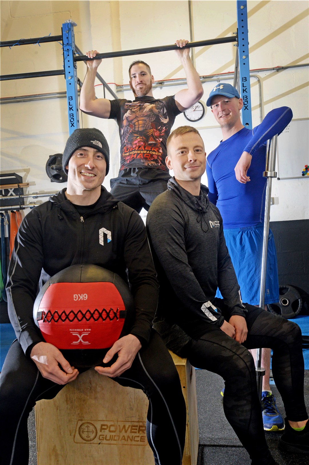 Muir of Ord Obstacle race..Looking for sponsors for their obstacle races are (clockwise from front) Nicco Tough, Grant Thompson, Garry Finlayson and Liam Barry...Muir of Ord Obstacle race.Picture: Gair Fraser. Image No. 043116..