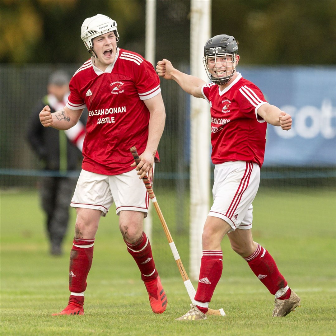 Kinlochshiel's Archie Macrae (right) celebrates his goal with Jordan Fraser. Kingussie v Kinlochshiel in the cottages.com MacTavish Cup Final played at The Bught, Inverness.
