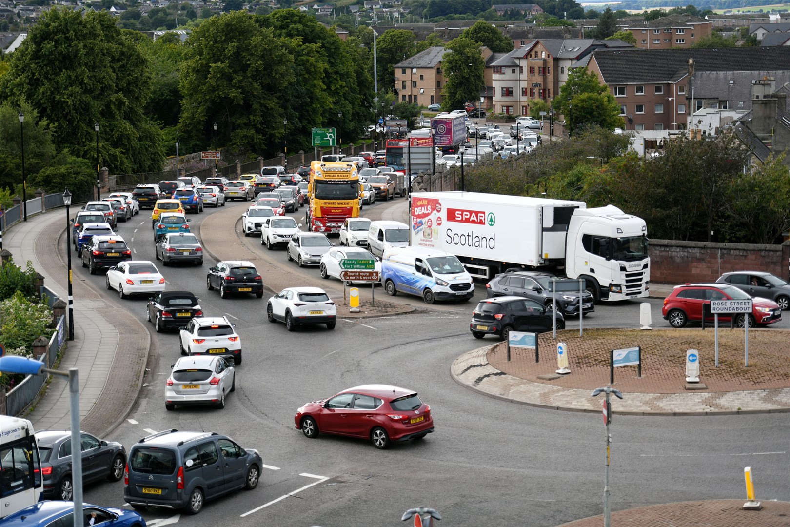 View from Rose Street car park, with traffic backed up on A82.