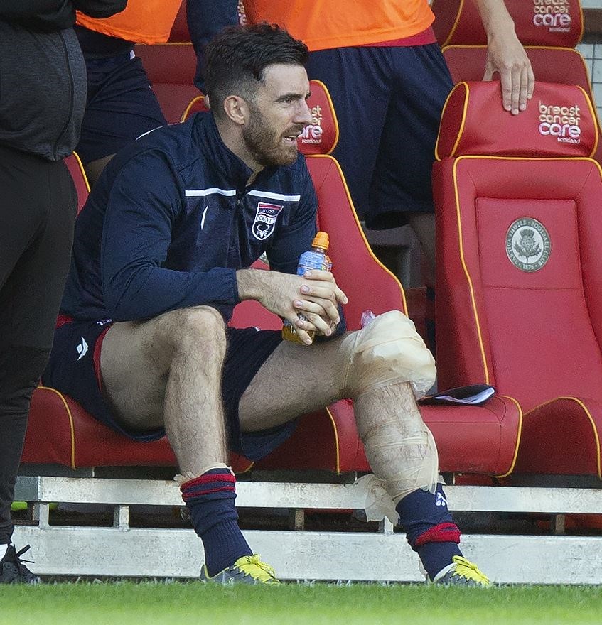 Picture - Ken Macpherson, Inverness. BetFred Cup 2nd Round Partick Thistle(3) v Ross County(2). 17.08.19. Ross County's Ross Draper with a sizeable ice-pack on his knee.