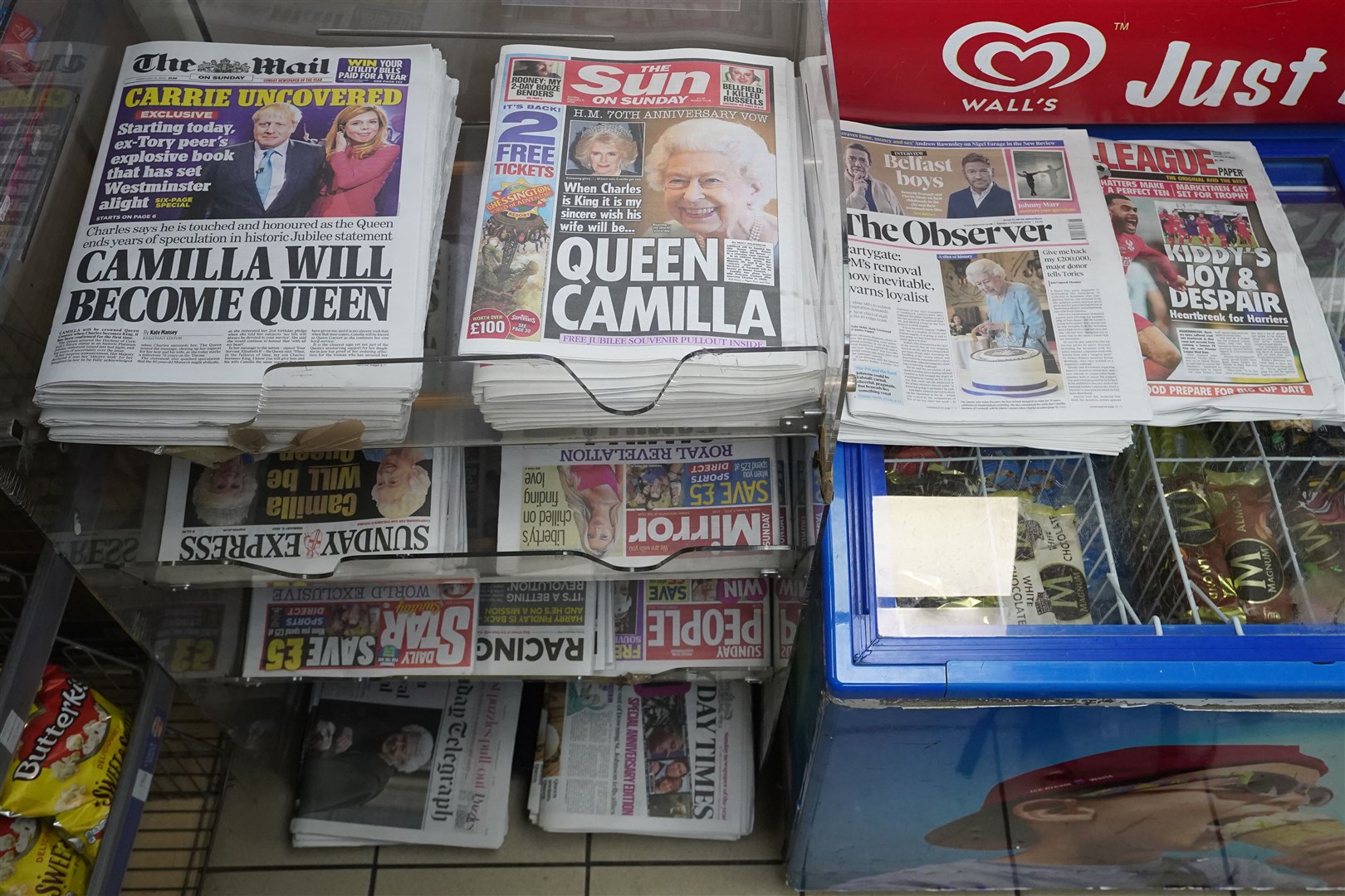 Front pages of the Sunday national papers on February 6 2022 after the Queen backed Camilla as Queen (Ian West/PA)