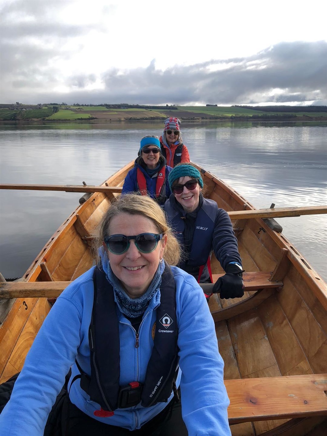 From the stern of the skiff: Hazel Inglis, Wendy Kerr, Kate Heathcote and Miranda Moscrop with cox Tor Justad.