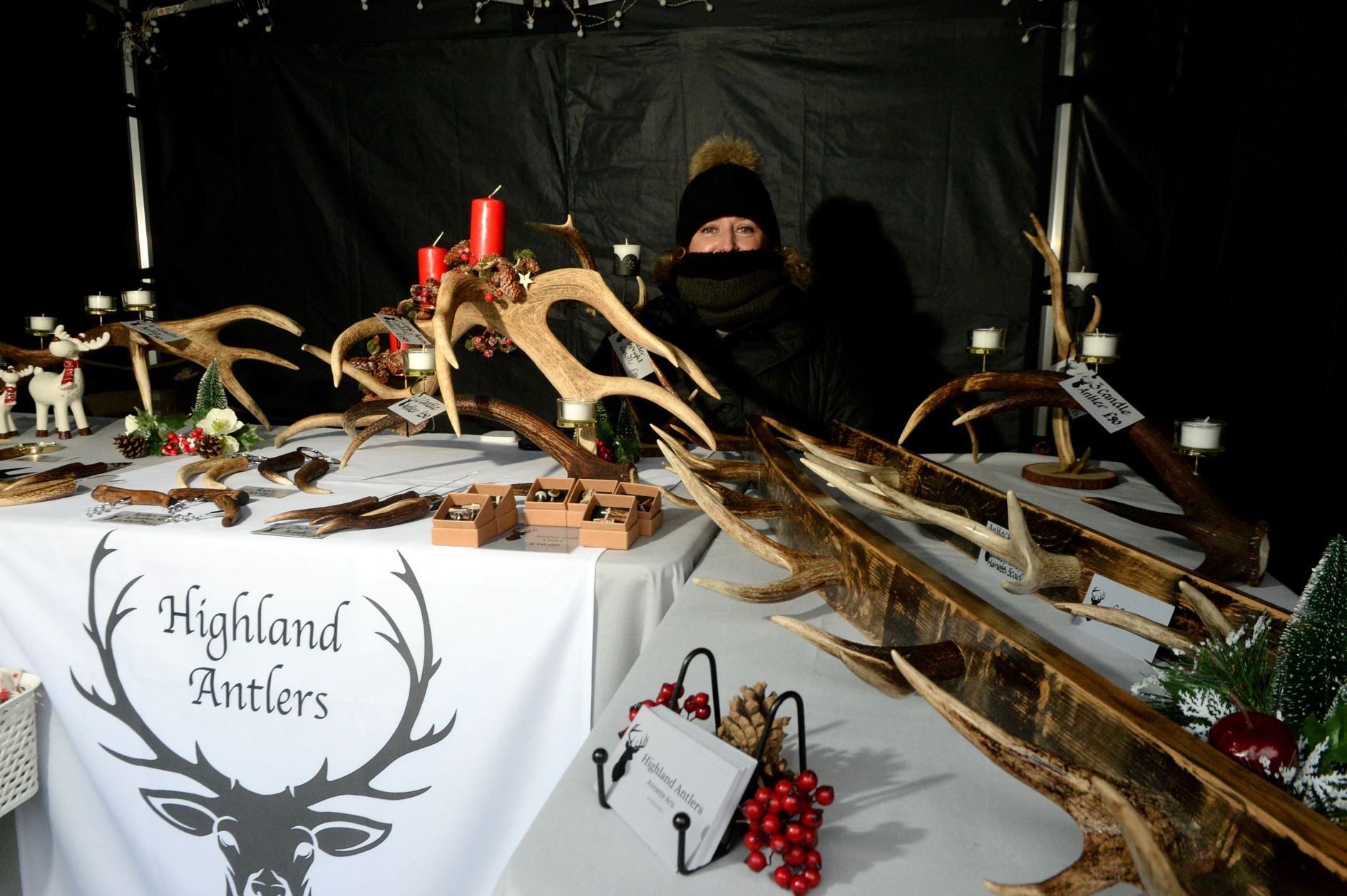 Wildwoodz Christmas Market 3 December 2021: Annette Aris, Highland Antlers. Picture: James Mackenzie.