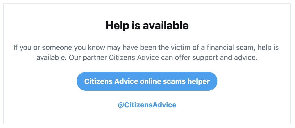 The prompt directs people to the Citizens Advice Twitter account and website (Twitter)