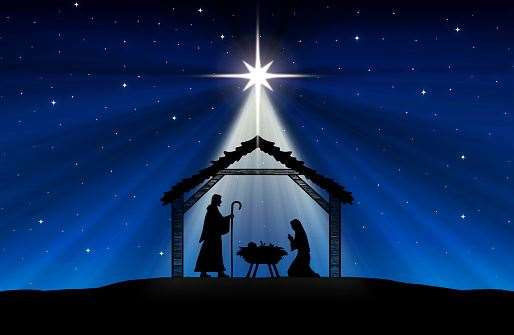 Nativity Scene representation with black figurine silhouettes of Jesus baby, Mary and Joseph in the desert setting, against a blue starry sky at night with moravian star.