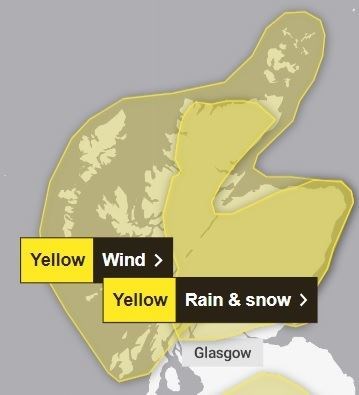 The areas covered by the wind warning for Storm Gerrit and the already issued alert for rain and snow. Picture: Met Office.
