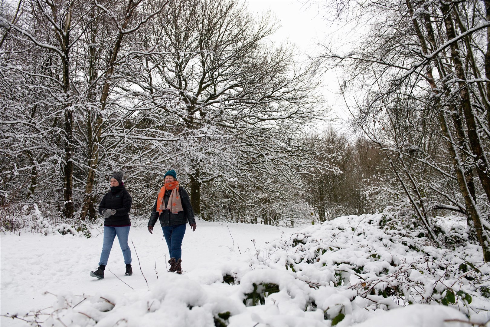 Walkers in the snow-covered Lickey Hills Country Park in Birmingham (Jacob King/PA)