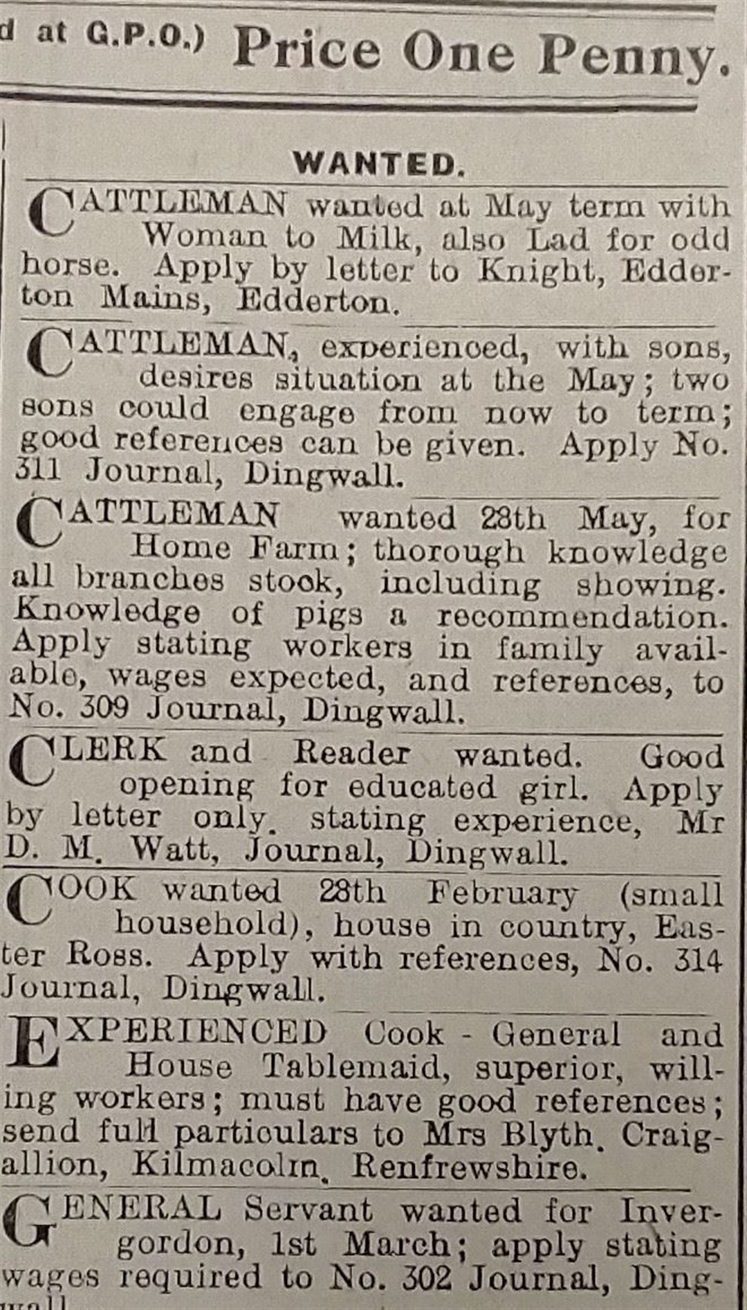 The wanted section in the Ross-shire Journal 100 years ago.