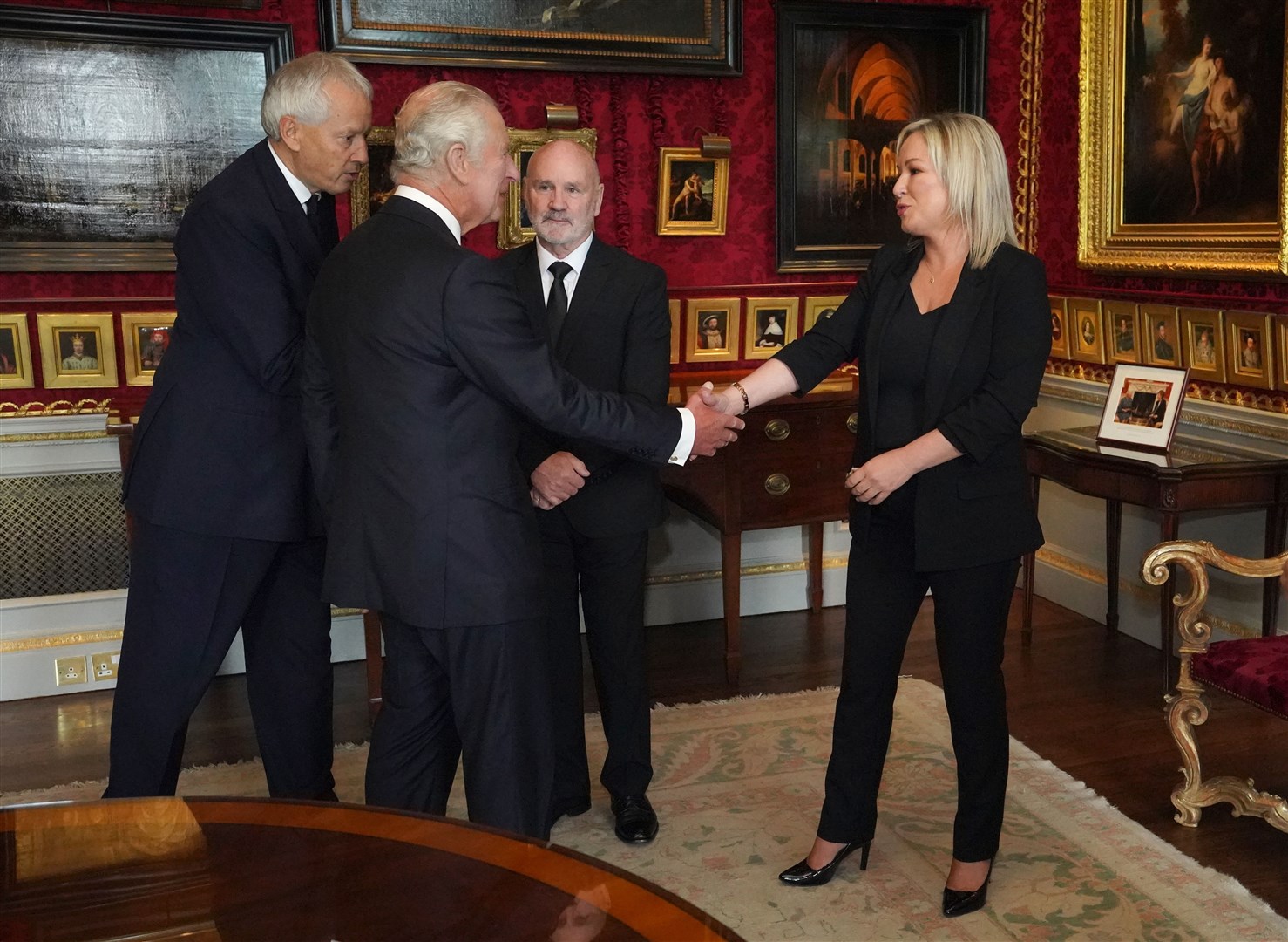 King Charles III meeting Northern Ireland Assembly Speaker Alex Maskey and Sinn Fein vice president Michelle O’Neill at Hillsborough Castle (Niall Carson/PA)