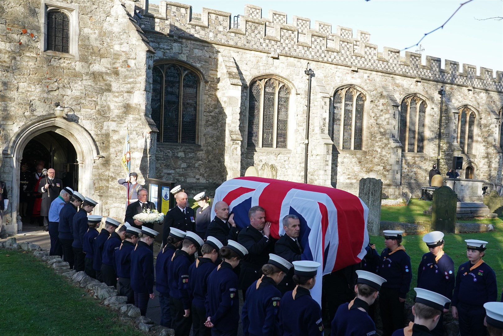 Pall bearers carry the coffin of Sir David Amess out of St Mary’s Church in Prittlewell, Southend, following his funeral service (Gareth Fuller/PA)