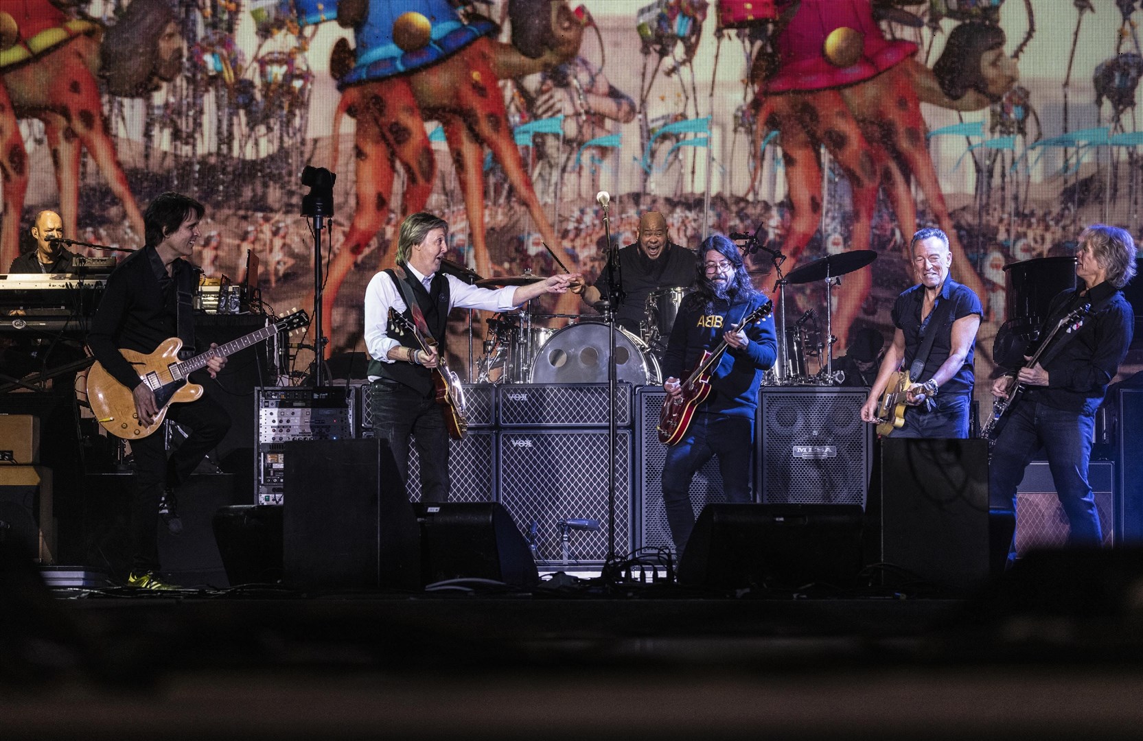 Sir Paul McCartney on stage with Dave Grohl and Bruce Springsteen (MJ Kim/2022 MPL Communications/PA)