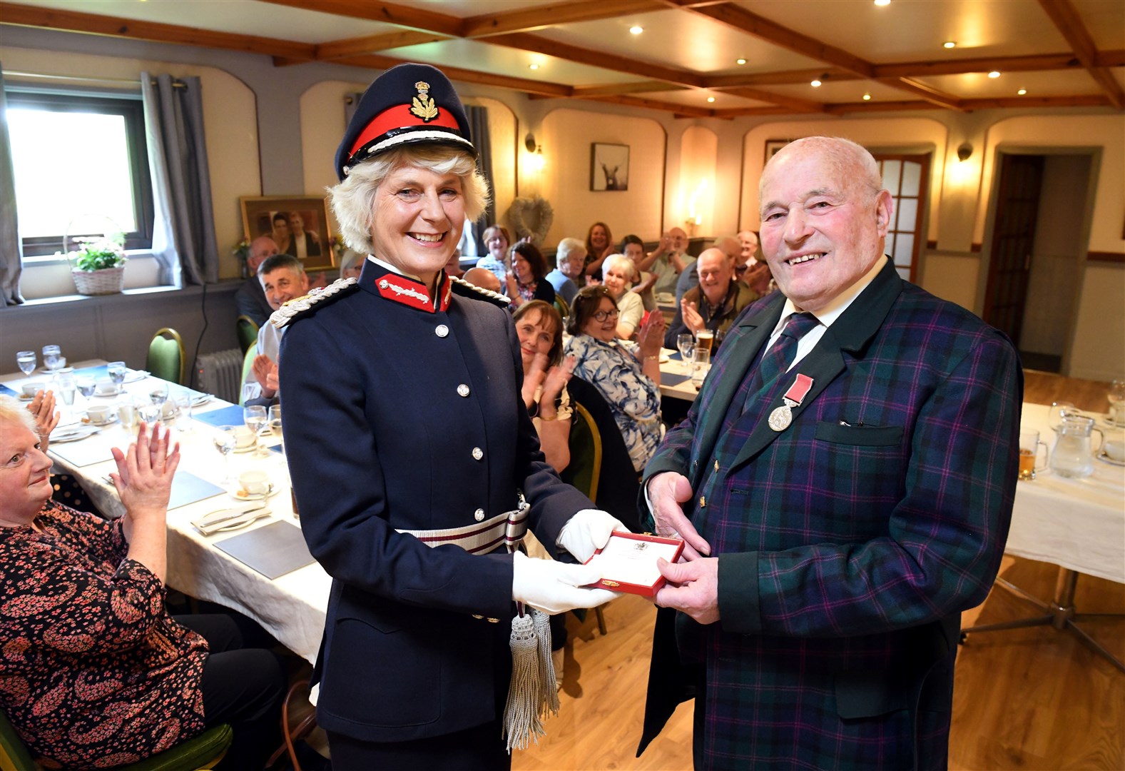 Tom Thomas BEM presentation: Joanie Whiteford, Lord Lieutenant of Ross-shire presenting Tom Thomas with the British Empire Medal. Picture: James Mackenzie.