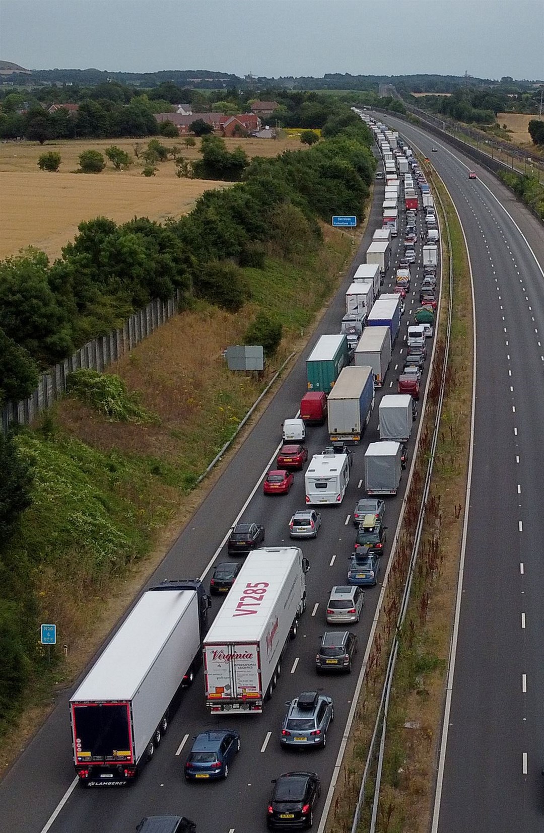 Traffic heading for the Port of Dover and Eurotunnel queue on the M20 near Folkestone (Gareth Fuller/PA)