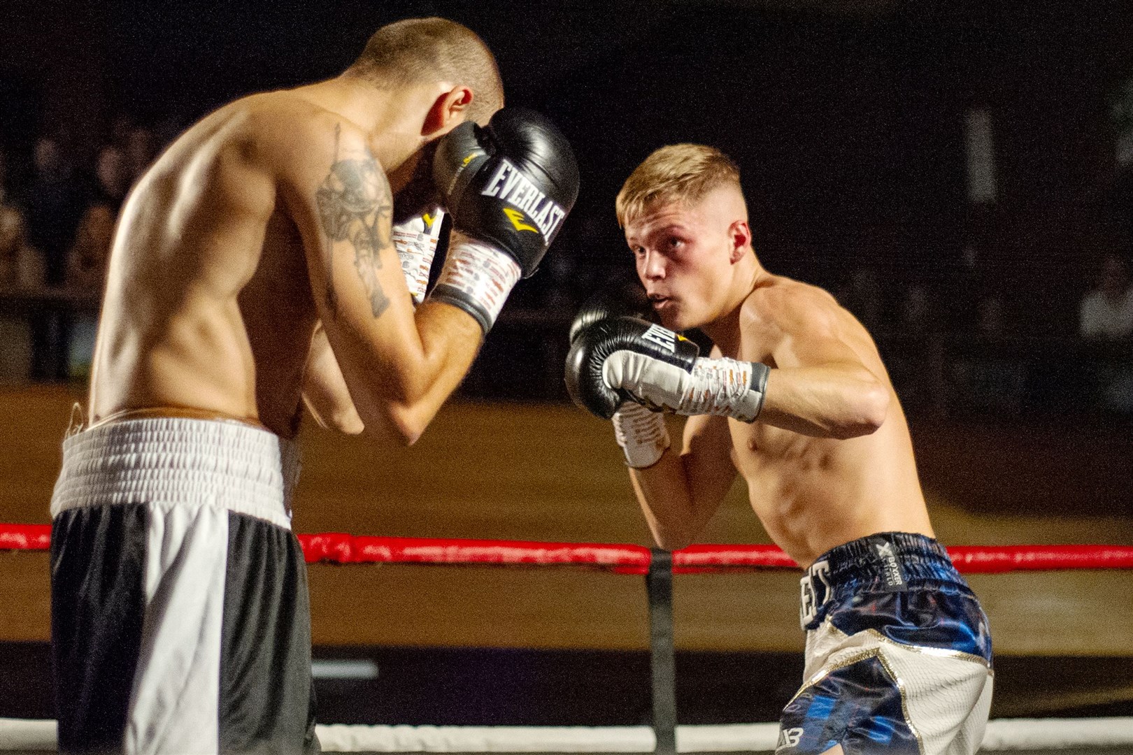 Dingwall boxer Ben Bartlett defeats Belfast's Alec Bazza in his first professional fight, held at Elgin Town Hall. Picture: Daniel Forsyth