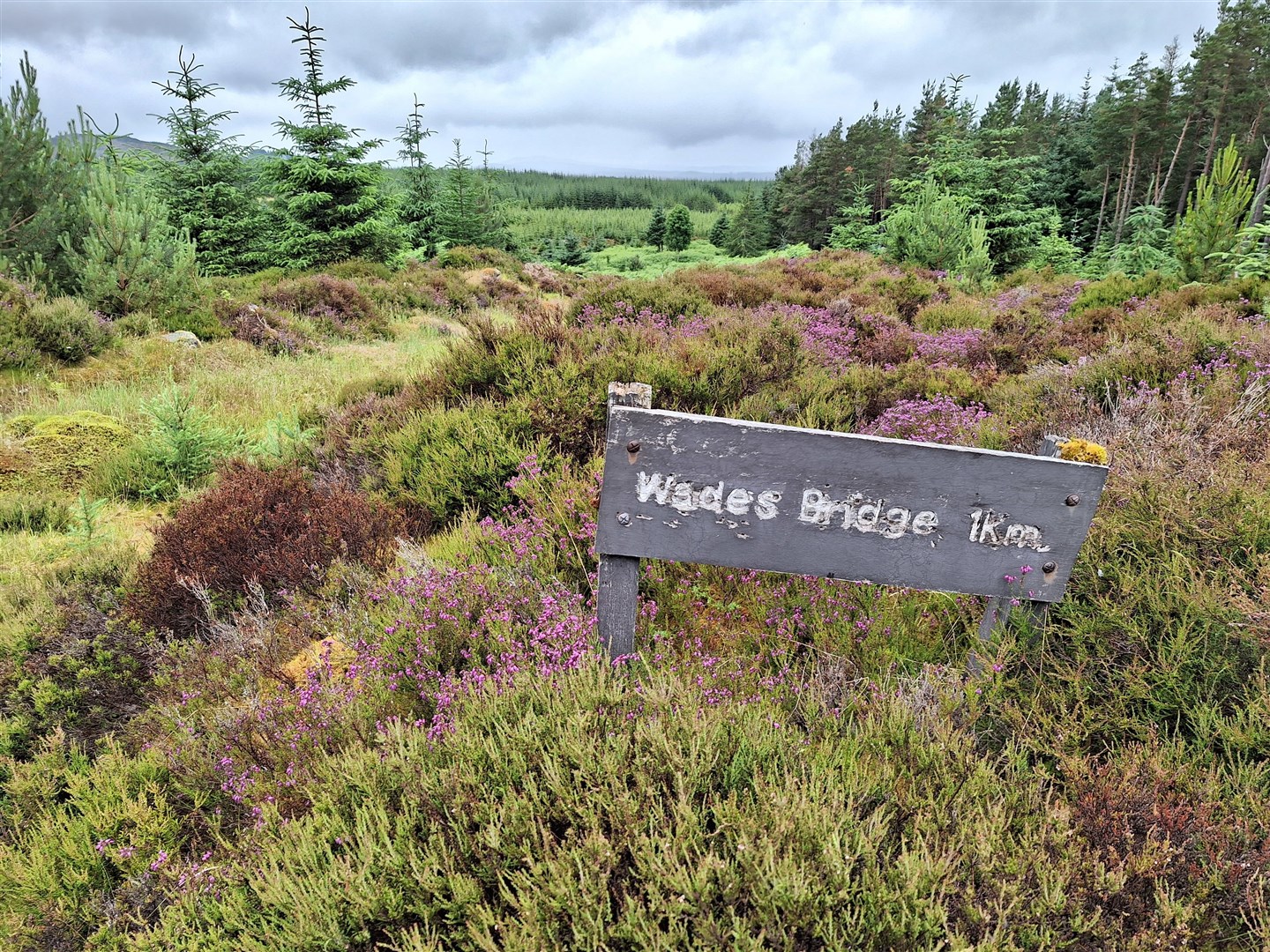 An old wooden sign leads to Wade’s bridge on the old military road between Moy and Inverness.