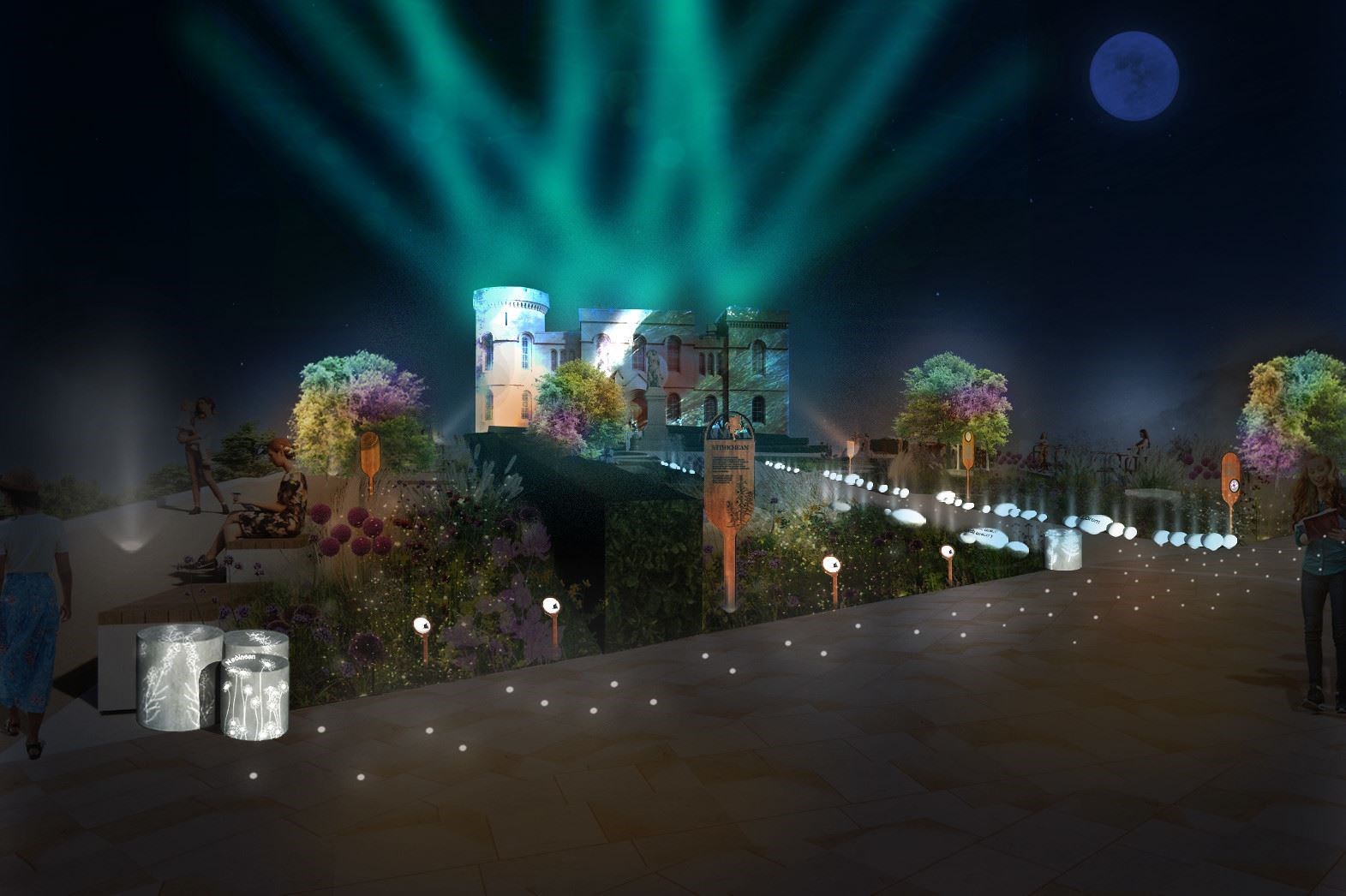 At night the Inverness Castle garden comes to life, bringing lights and colour into the space including an atmospheric castle projection at special events.