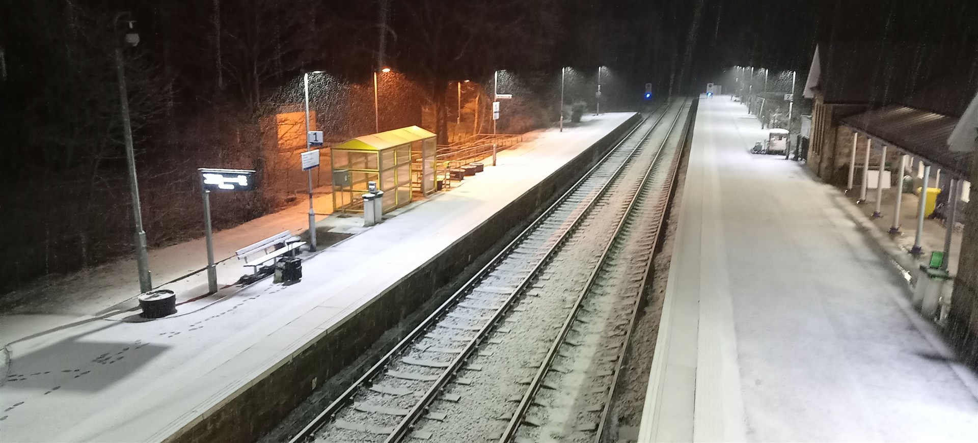Snow was falling at Tain Railway Station first thing on Saturday morning.