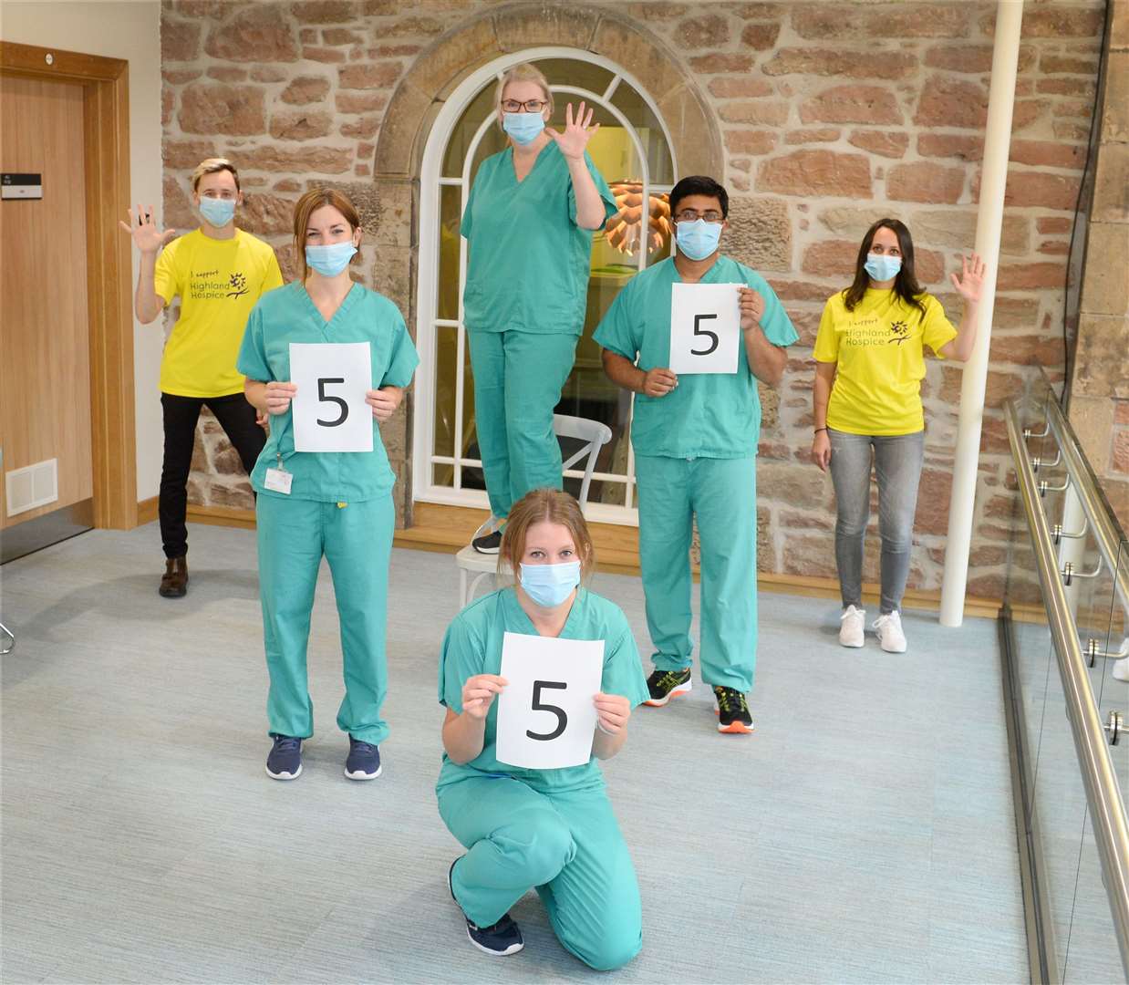 Highland Hospice 555 challenge..Getting the 555 challenge started is Hospice nurse Louise Anderson(centre)encouraged by colleagues Joe Setch,Gemma Bronny,Catherine Ross,Giridhar Ravi and Francesca Marchetti..Picture: Gary Anthony..