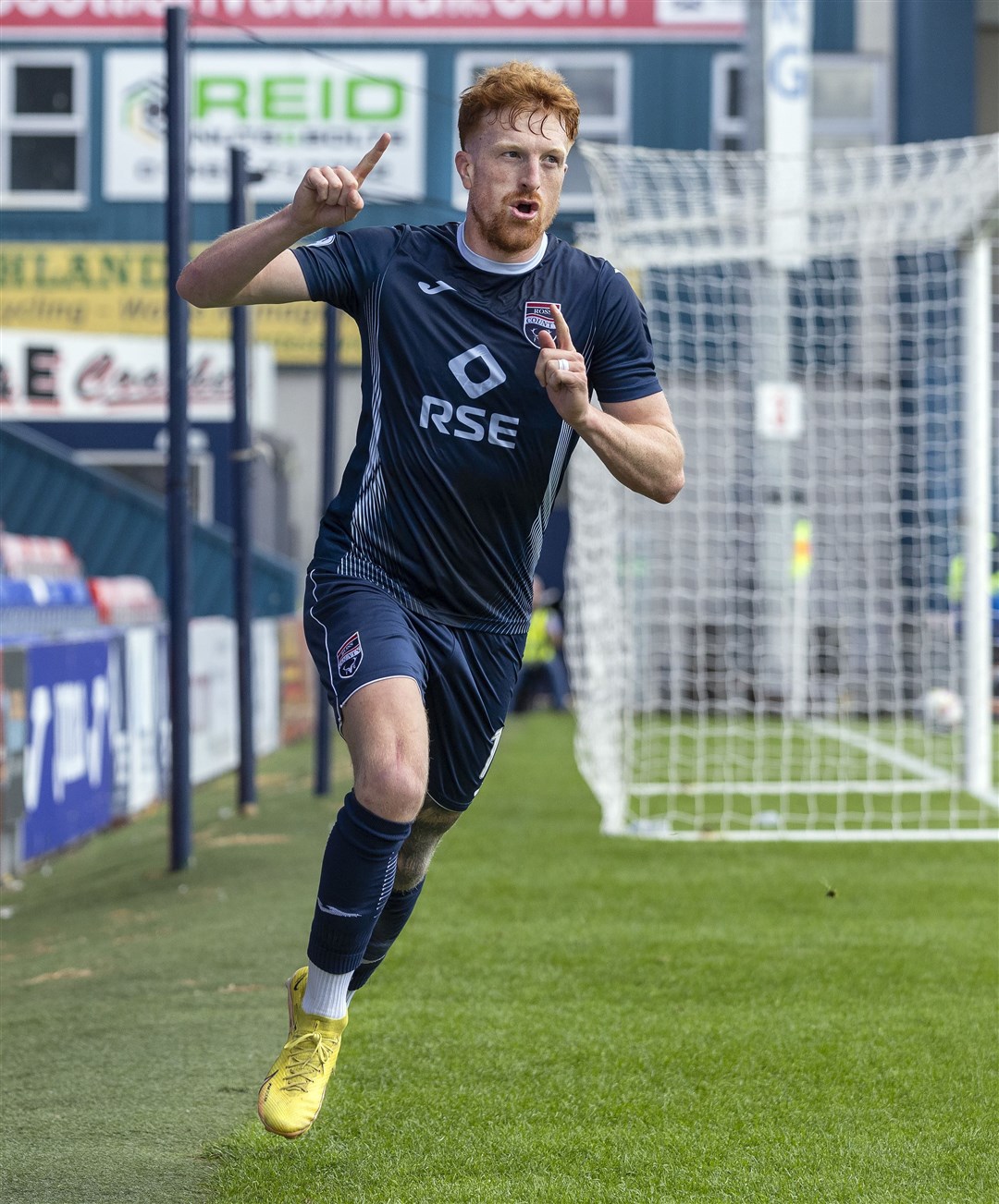 Picture - Ken Macpherson. SCOTTISH LEAGUE CUP (Viaplay Cup) group stage: Ross County(3) v Kelty Hearts(3). 29.07.23. Kelty win 4-3 after penalties. Ross County's Simon Murray celebrates his goal.