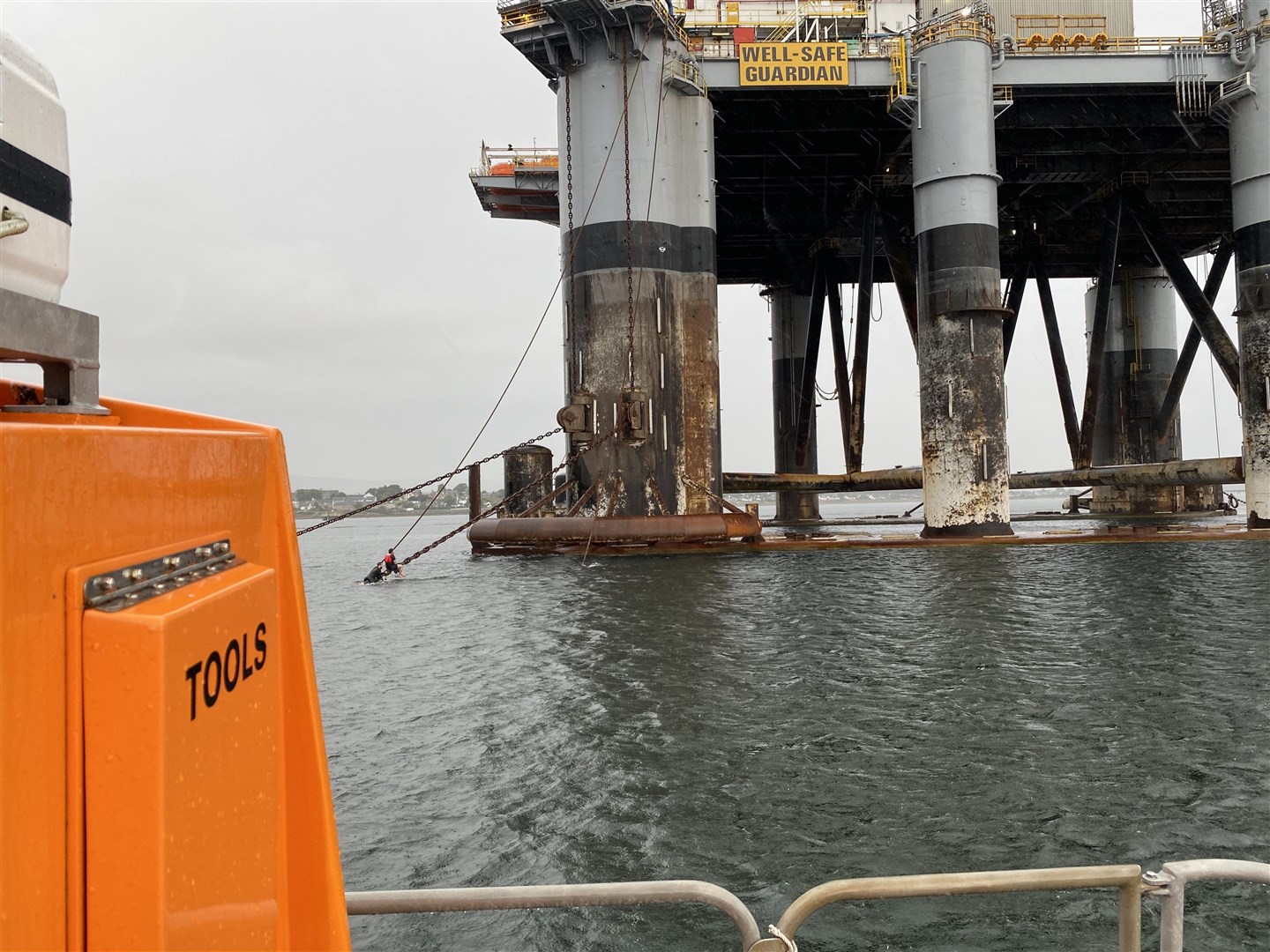 Stranded swimmers were left clutching an anchor of the oil rig anchor after getting into difficulties in the Cromarty Firth near Invergordon. Picture: Invergordon RNLI
