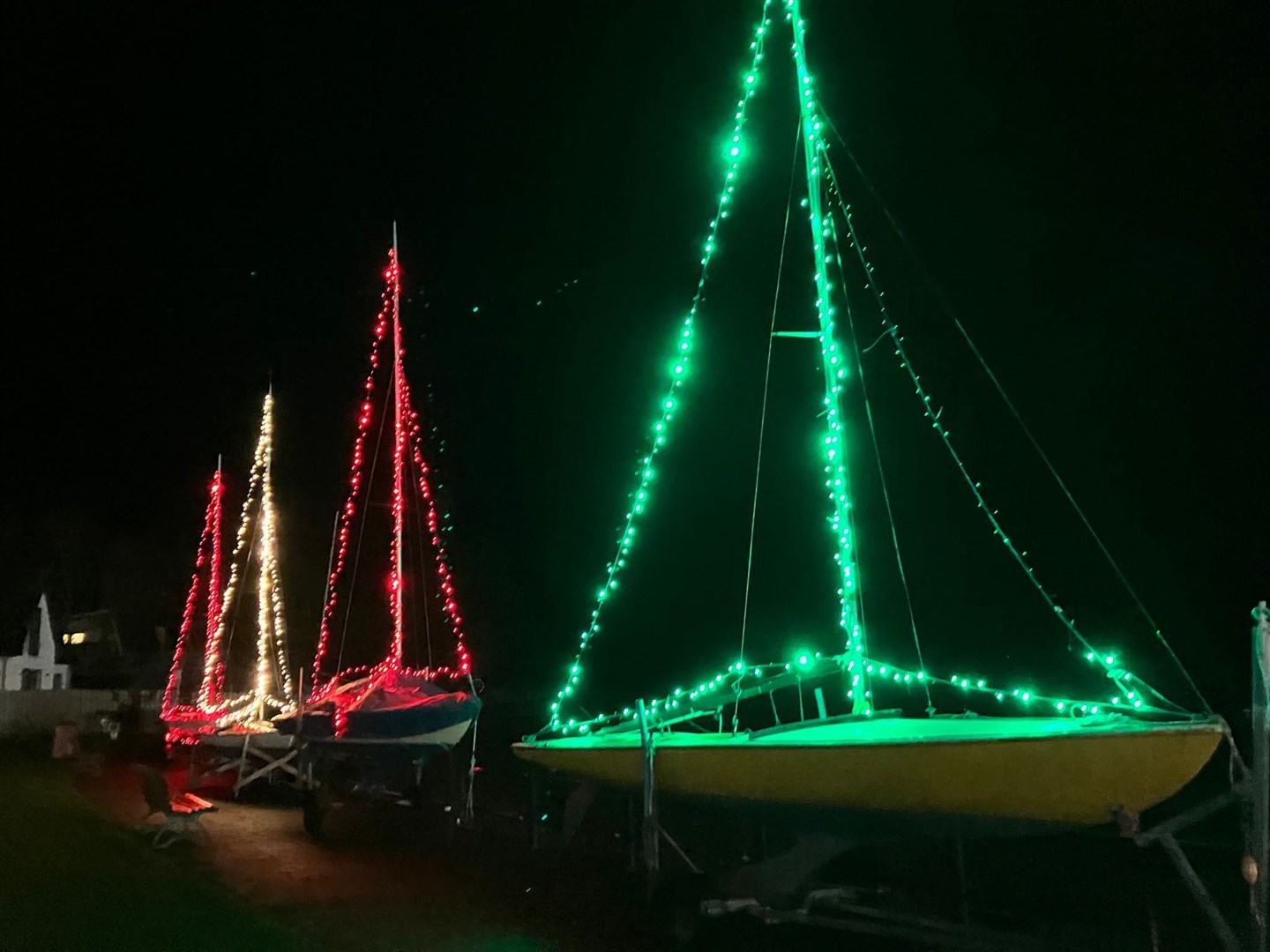Fairy lights on Ullapool fishing boats.