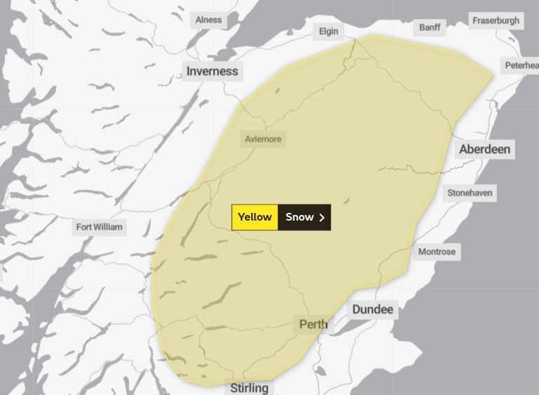 The snow alert that will run throughout all of Wednesday and Thursday, borders the Monadhliadh Mountains and extends as far north as the likes of Tomatin and the Slochd Summit. Picture: Met Office.
