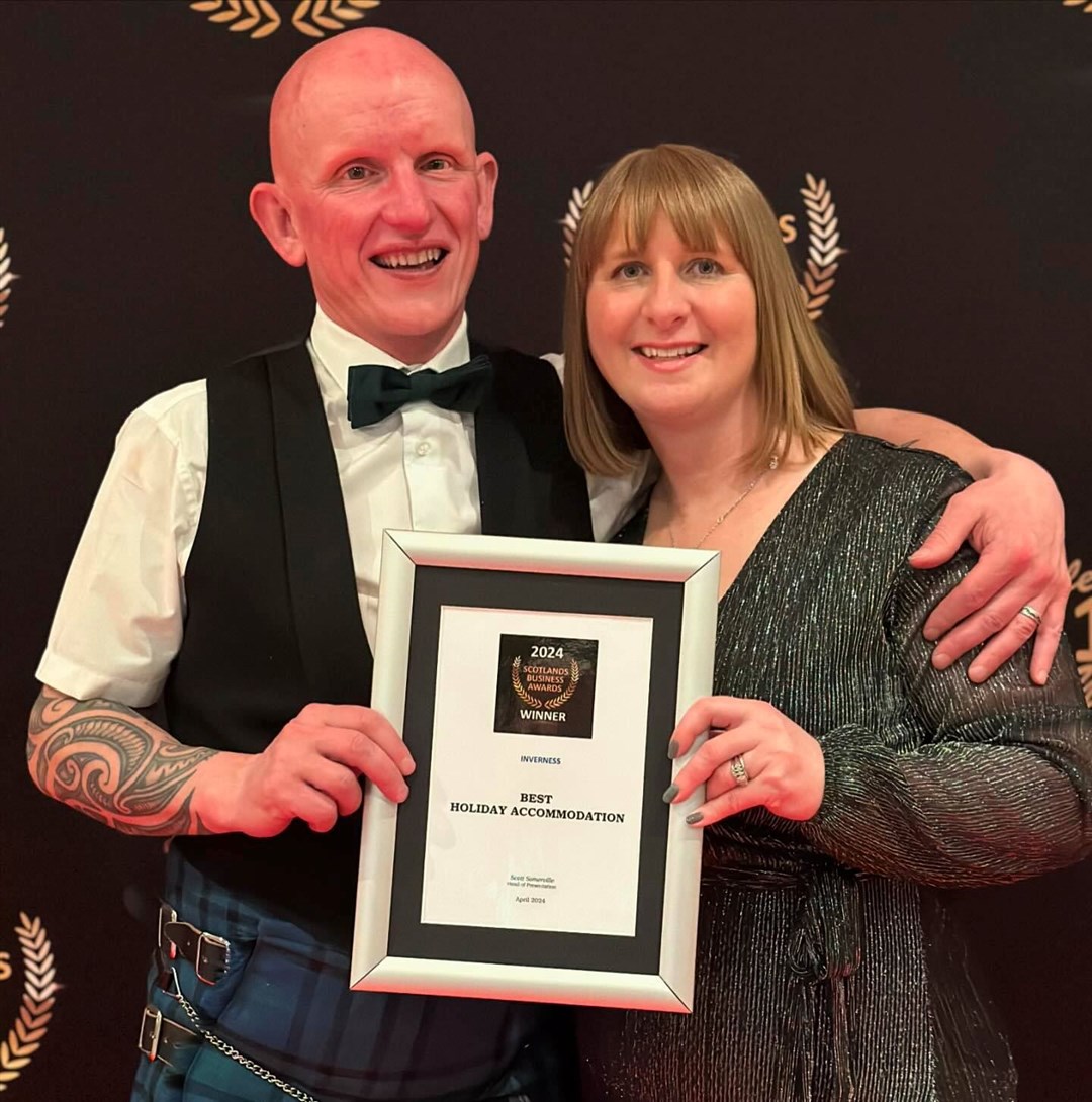 Co-owners Michael and Margaret-Ann Matheson of Duirinish Pods and Bothy, with their award for Best Holiday Accommodation at the Inverness Scotland's Business Awards. Picture: Duirinish Pods and Bothy.