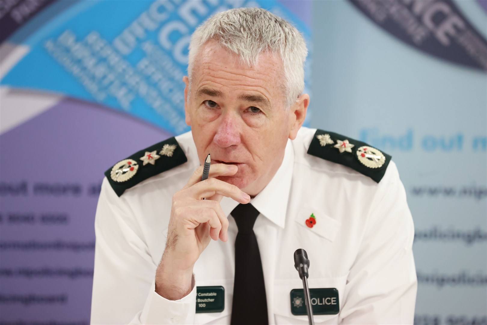 Interim PSNI chief constable Jon Boutcher during his first NI Policing Board meeting since his appointment (Liam McBurney/PA)