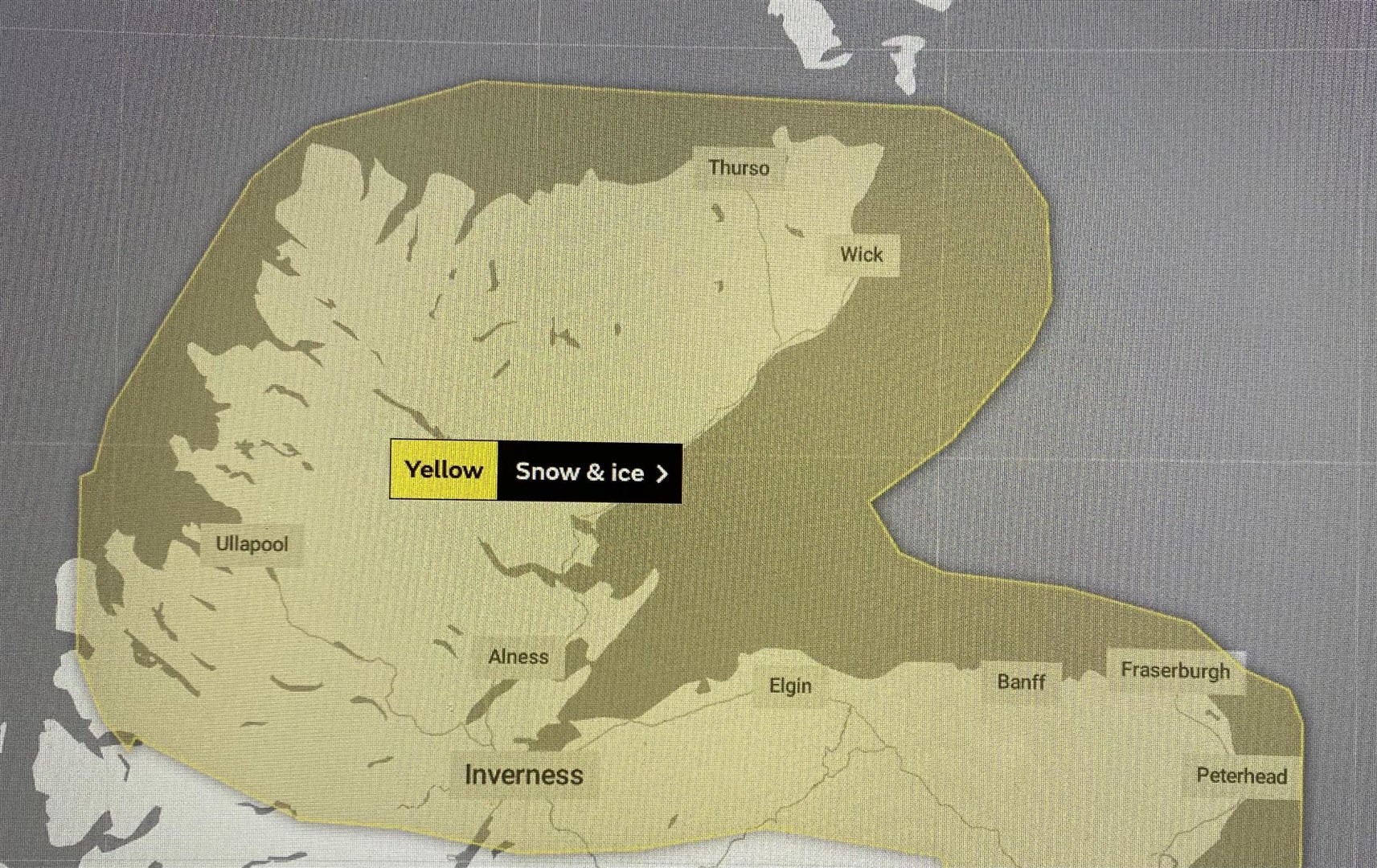The yellow weather warning for the Highlands.