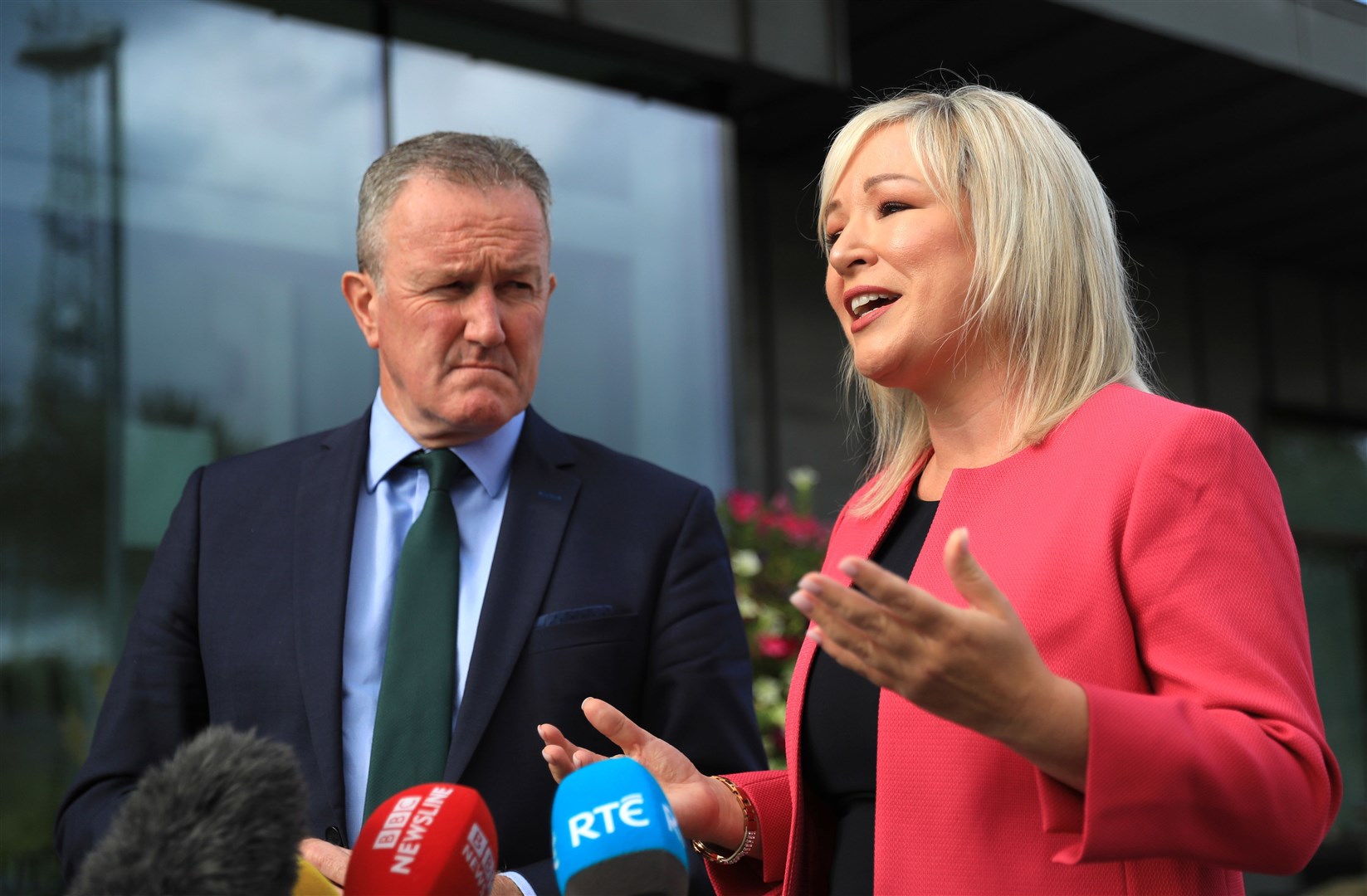 Sinn Fein’s vice-president Michelle O’Neill and party colleague Conor Murphy speak to the media following a meeting with Mr Heaton-Harris (Peter Morrison/PA)