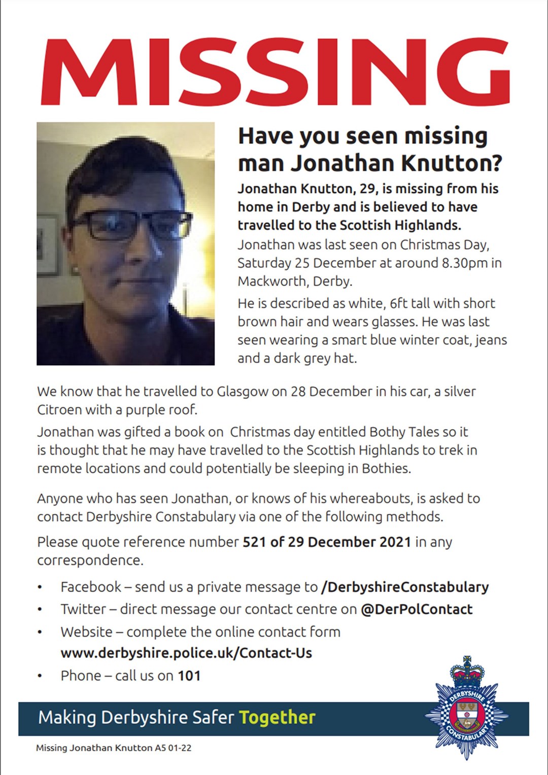 The latest missing poster appealing for information on Jonathan Knutton.