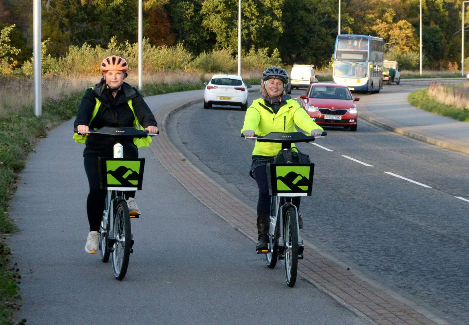 Imogen and Vikki on the shared-use path on the distributor road. Picture: James Mackenzie