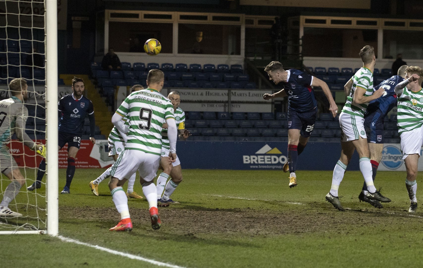 Picture - Ken Macpherson, Inverness. Ross County(1) v Celtic(0). 21.02.21. Ross County's Jordan White heads past Celtic 'keeper Scott Bain for the only goal of the game.