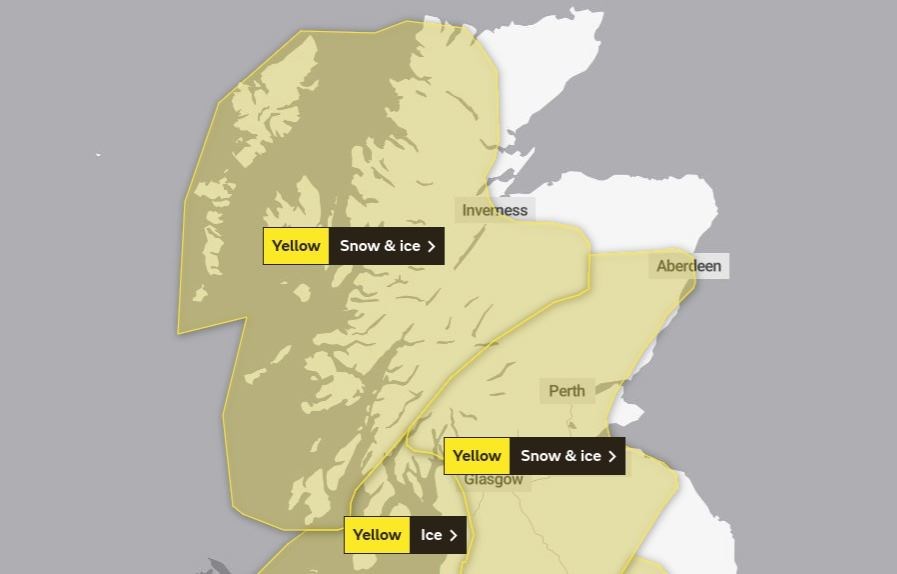 The area covered by the yellow warning, which will remain in place until 11am on Tuesday, January 28. Picture: Met Office.