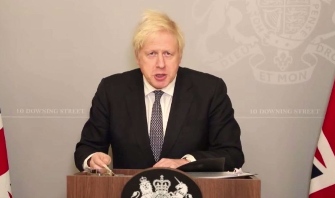 Prime Minister Boris Johnson delivering a Covid briefing from self-isloation.