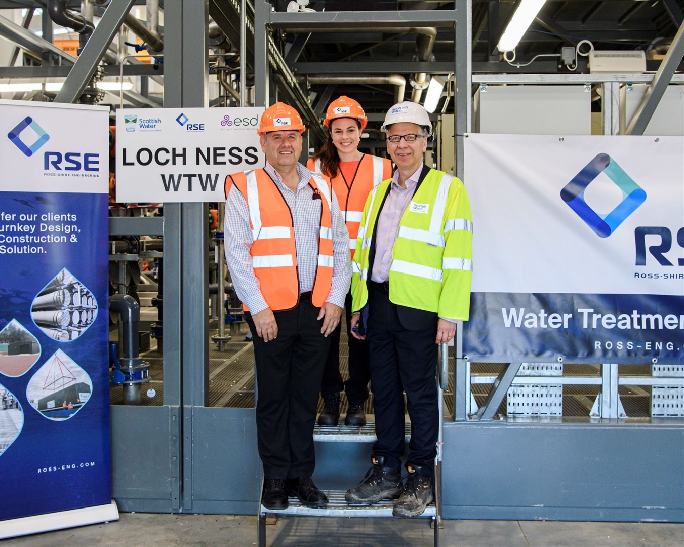 Kate Forbes MSP with RSE Managing Director Allan Dallas and Scottish Water Director of Capital Investment Mark Dickson at the entrance to the new WTW