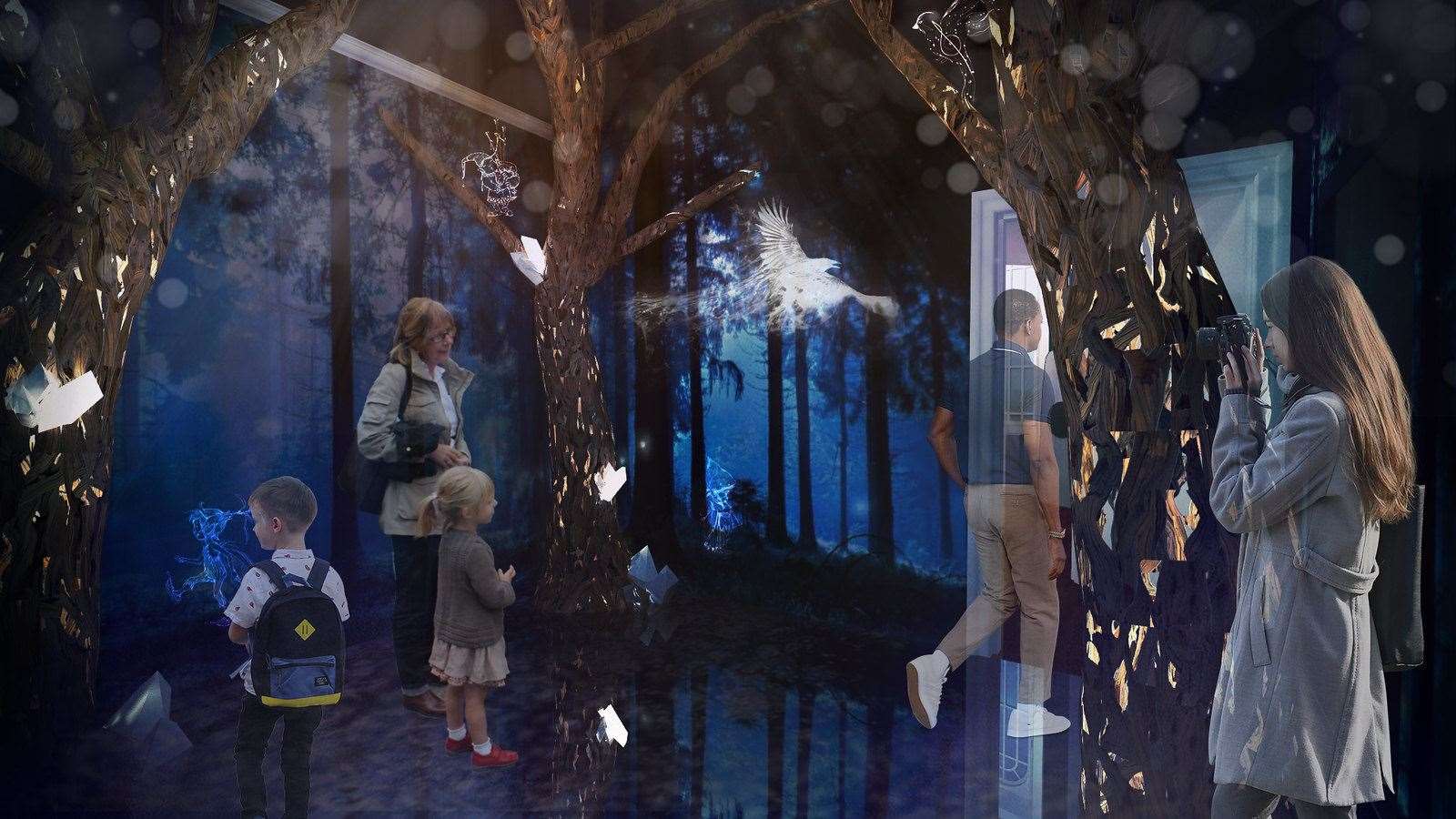 Visitors are invited to engage with the trees to discover and reveal stories within in the Landscape Forest Room (Cruth-tìre).